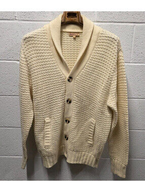 VTG 90s Inserch Mens XL 3D Knit Full zip Sweater Ivory chunky Knit Cardigan Wool